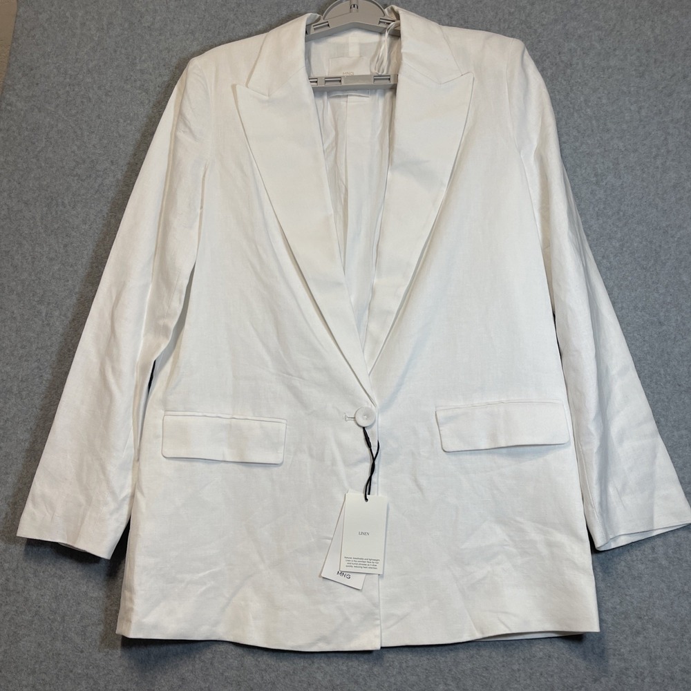 MNG Mango Blazer Women Sz Small Linen Blend White One Button Coastal Casual NWT
